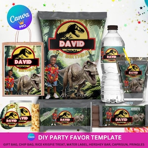 May include: A collection of party favor templates featuring a dinosaur theme. Includes a gift bag, chip bag, water bottle label, Hershey bar, Capri Sun, and Pringles can label. Each item has a dinosaur graphic and the name "David" with "9th Birthday" text.