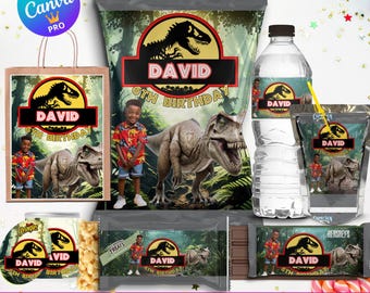 Dinosaur Editable Canva Template Bundle, Chip Bag ,Water Bottle, Candy Wrapper, Green