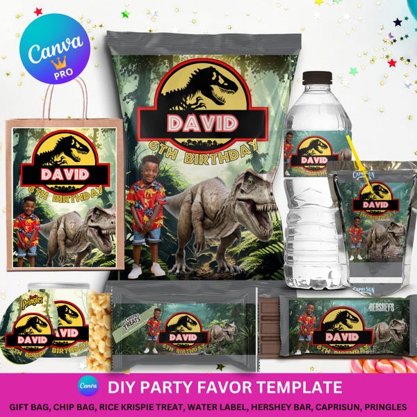 Dinosaur Editable Canva Template Bundle, Chip Bag ,Water Bottle, Candy Wrapper, Green