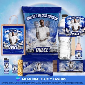 May include: A set of memorial party favors featuring a photo of a man with the text "Forever in Our Hearts" and the name "Brandon Dueces Johnson". The favors include a gift bag, chip bag, rice krispie treat, water label, Hershey bar, lighter, fan, hand sanitizer, and wine label.