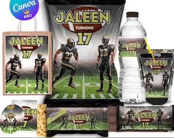 Football Birthday Party Favor: Editable Canva Chip Bag, Hershey Bar, Water Label (Digital Download)