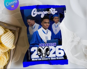 Graduation 2026 Blue and White Chip Bag Party Favor Editable Canva Template
