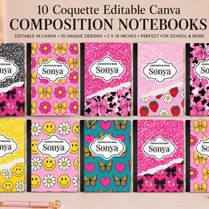 Könnte beinhalten: Zehn Kompositionshefte mit bearbeitbaren Canva-Designs, die jeweils 7 mal 10 Zoll groß sind. Die Einbände zeigen verschiedene Muster wie rosa Schleifen, gelbe Blumen, Erdbeeren, Smileys, Schmetterlinge und Glitzertexturen, alle mit dem Namen Sonya beschriftet.