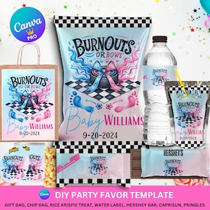 May include: A collection of party favors with a baby shower theme. Includes a gift bag, chip bag, water bottle, Capri Sun, Hershey bar, and Pringles, all with a blue and pink design. The text "Burnouts or Bows" and "Baby Williams 9-20-2024" are visible.