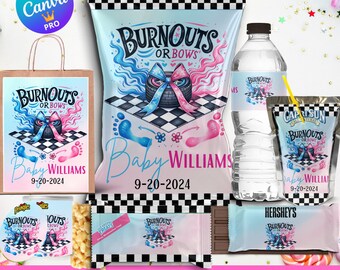 May include: A selection of baby shower party favors, including a gift bag, chip bag, water bottle, Capri Sun, Hershey bar, and Pringles. The items feature a blue and pink design with the text "Burnouts or Bows" and "Baby Williams 9-20-2024".