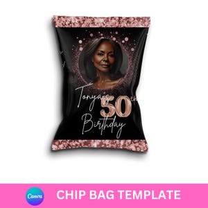 Modello di sacchetto di patatine per bomboniere per il 50° compleanno, modificabile in Canva, download digitale