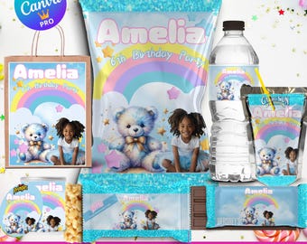 May include: A DIY party favor template featuring a blue and pink color scheme with a rainbow, stars, and a teddy bear. The template includes a gift bag, chip bag, rice krispie treat, water label, Hershey bar, Capri Sun, and Pringles labels. The text on the template reads "Amelia 6th Birthday Party".