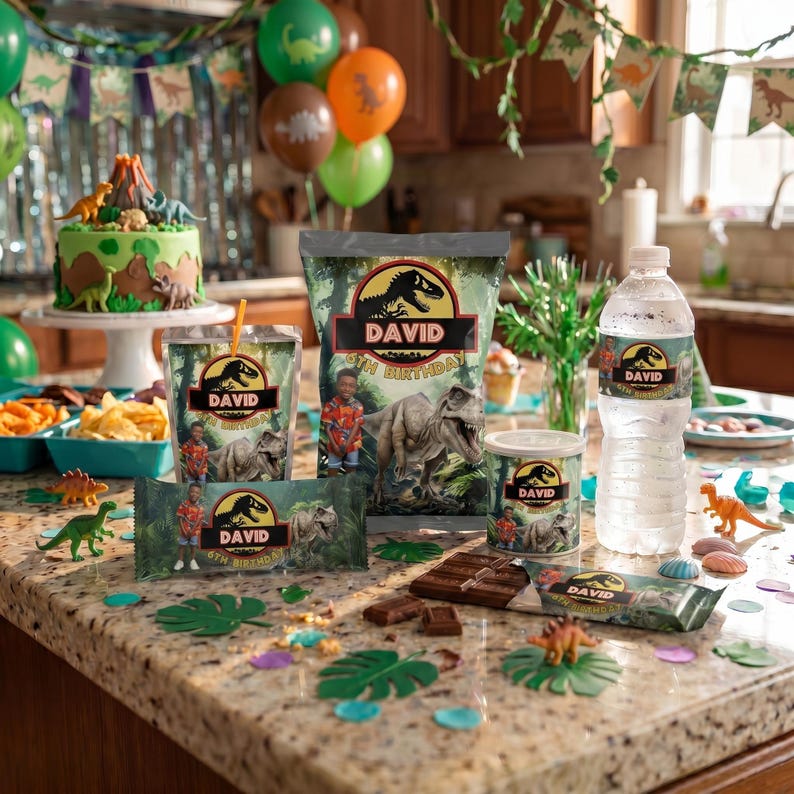 May include: A festive birthday party scene with dinosaur-themed decorations. Includes a cake, snacks, drinks, and party favors, all featuring dinosaur graphics and the name "David" with "5th Birthday". Balloons and banners add to the celebratory atmosphere.