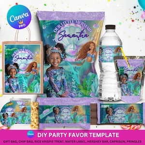 May include: A DIY party favor template featuring a mermaid theme. The design includes a gift bag, chip bag, rice krispie treat wrapper, water bottle label, Hershey bar wrapper, Capri Sun label, and Pringles can label. The text "Our Little Mermaid Samantha 4" is visible.