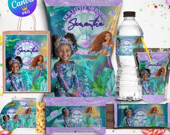 Mermaid Birthday Decor Party Favor Bundle, Editable Canva Template,  Mermaid Chip Bag ,Mermaid Water Bottle, Candy Wrapper