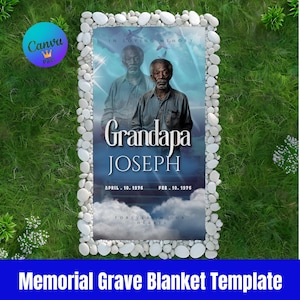 Light Blue Memorial Grave Blanket, Editable Canva Template, In Loving Memory