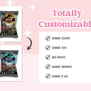 May include: Two custom snack bags with a dinosaur theme, featuring the text "DAVID". The bags have a Jurassic Park logo and a graphic of a dinosaur. The text "Totally Customizable" is displayed with options to change colors, text, photos, and graphics.