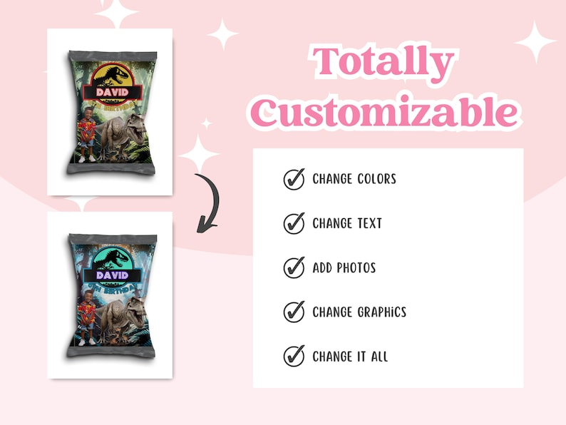 May include: Two custom snack bags with a dinosaur theme, featuring the text "DAVID". The bags have a Jurassic Park logo and a graphic of a dinosaur. The text "Totally Customizable" is displayed with options to change colors, text, photos, and graphics.