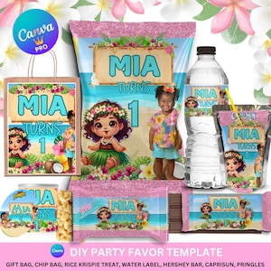 Hawaii Birthday Decor Party Favor Bundle, Editable Canva Template,Hawaii Chip Bag, Hawaii Water Bottle, Candy Wrapper