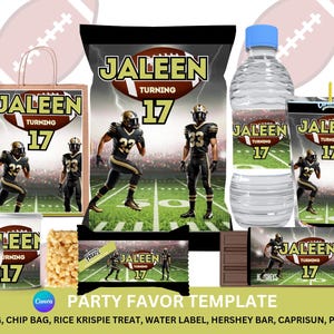 Fußball Party Favor bearbeitbare Canva Vorlage, Chip Tasche, Wasserflasche, Candy Wrapper, Schwarz und Gold