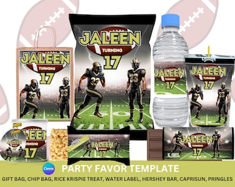 Football Party Favor Editable Canva Template, Chip Bag ,Water Bottle, Candy Wrapper, Black and Gold