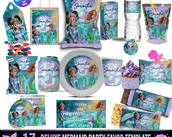 Mermaid Birthday Party Favor Bundle: Editable Canva Templates (Digital Download)