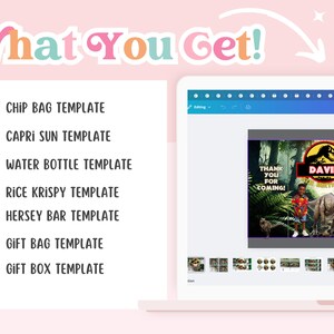 May include: A digital design template set for a dinosaur-themed party. The set includes templates for chip bags, Capri Sun labels, water bottles, Rice Krispy treats, Hershey bars, gift bags, and gift boxes. The design features a dinosaur and the text "Thank You For Coming!"