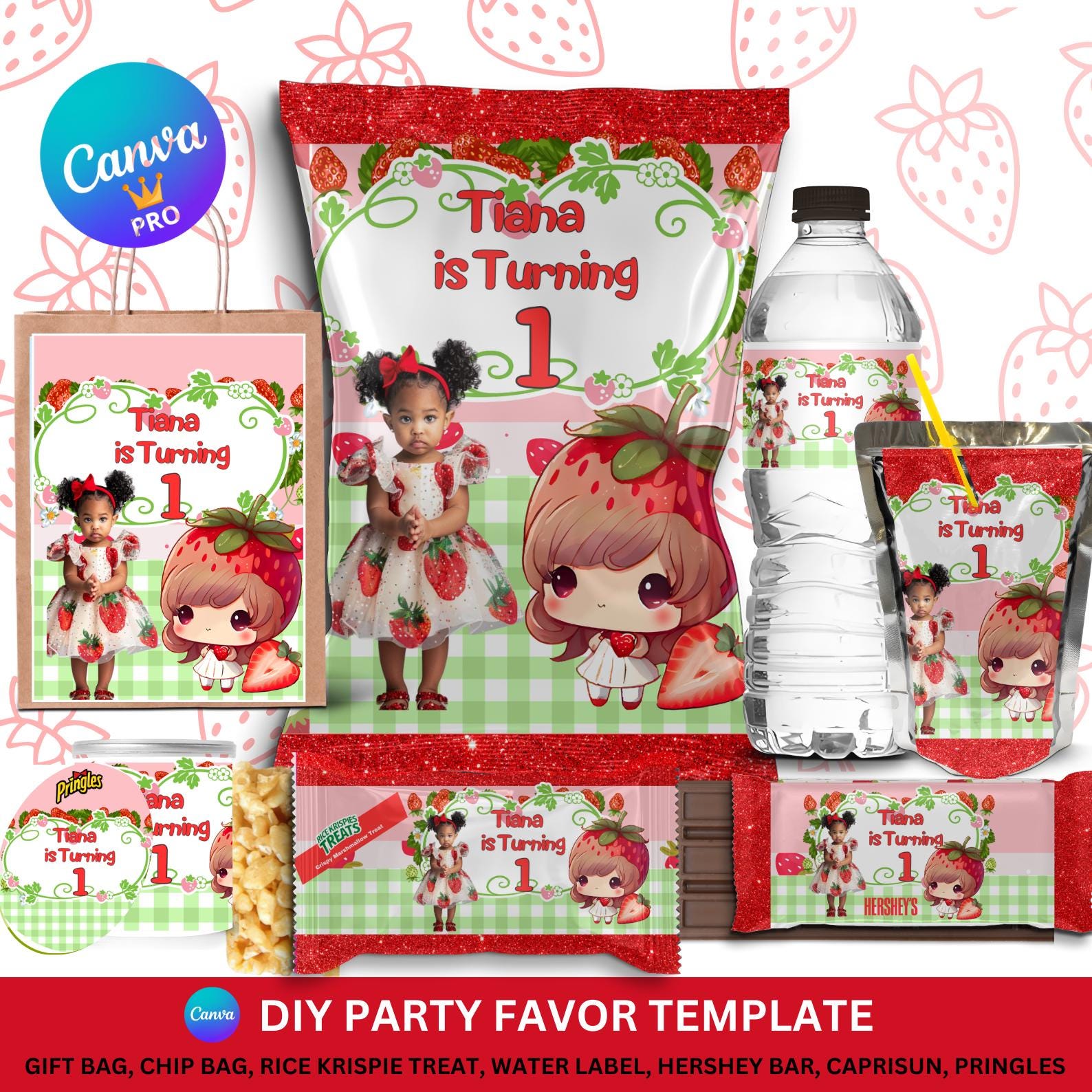 Strawberry Party Favors, Editable Canva Template, Strawberry Chip Bag ,Strawberry Water Bottle, Strawberry Candy Wrapper