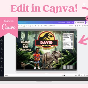 May include: A digital design for a birthday party favor, featuring a dinosaur theme. The design includes the name "DAVID" and the text "6th BIRTHDAY". The words "THANK YOU FOR COMING!" are also included. The design is displayed on a laptop screen.