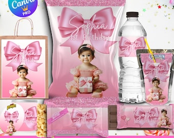 Coquette Pink Bow Party Favor Editable Canva Template Bundle