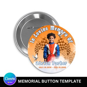 May include: Orange and blue memorial button with a photo of a young boy wearing a racing suit. The text reads "In Loving Memory Of Adrian Parker JULY.10.2016 - FEB.10.2025"