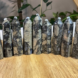 Peut inclure: Une collection de neuf pointes de pierres précieuses noires et grises avec un motif moucheté. Les pointes sont disposées en rangée sur une surface en bois.