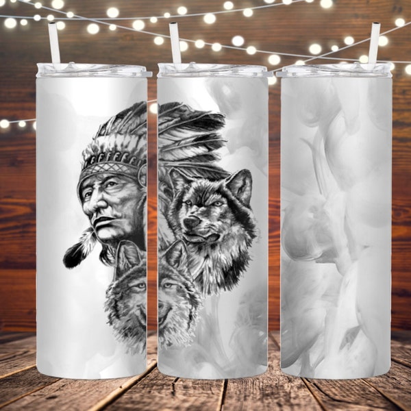 Indian and wolf straight Tumbler wrap, Indian, Wolf, Culture, 20 ounce, 30 ounce, Digital Download