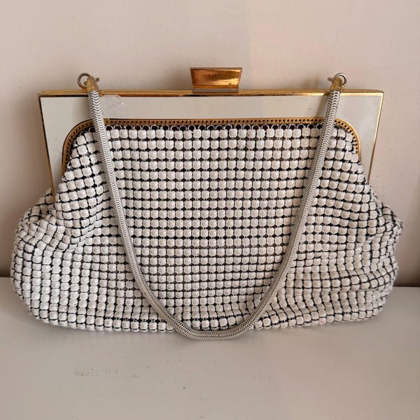 Vintage White Mesh Handbag Retro Evening Purse Metal Frame Clutch Wedding Guest Bag Mid Century Formal Accessory  Gift For Her Timeless