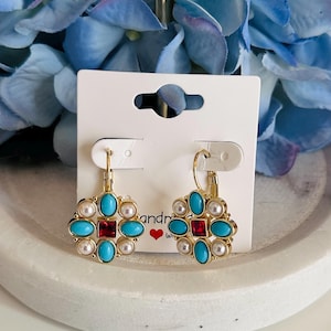 Turquoise Pearl Earrings Gold Dangle Jewellery Red Gem Charm Vintage Style Boho Statement Gift For Her Unique Drop Design Xmas Fashion Look