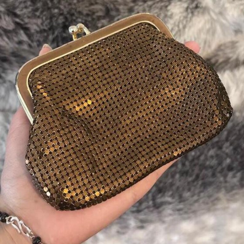 Bronze Mesh Coin Purse Vintage Kiss lock Retro Mini Bag Glam Collectible Gift For Women Evening Accessory Small Change Purse Art Deco Style image 3