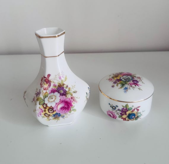 Vintage Floral Vase Trinket Box Set Porcelain Keepsake Box Matching Cottage Vase Vanity Decor Collectible Gift Dressing Table Home Accents!