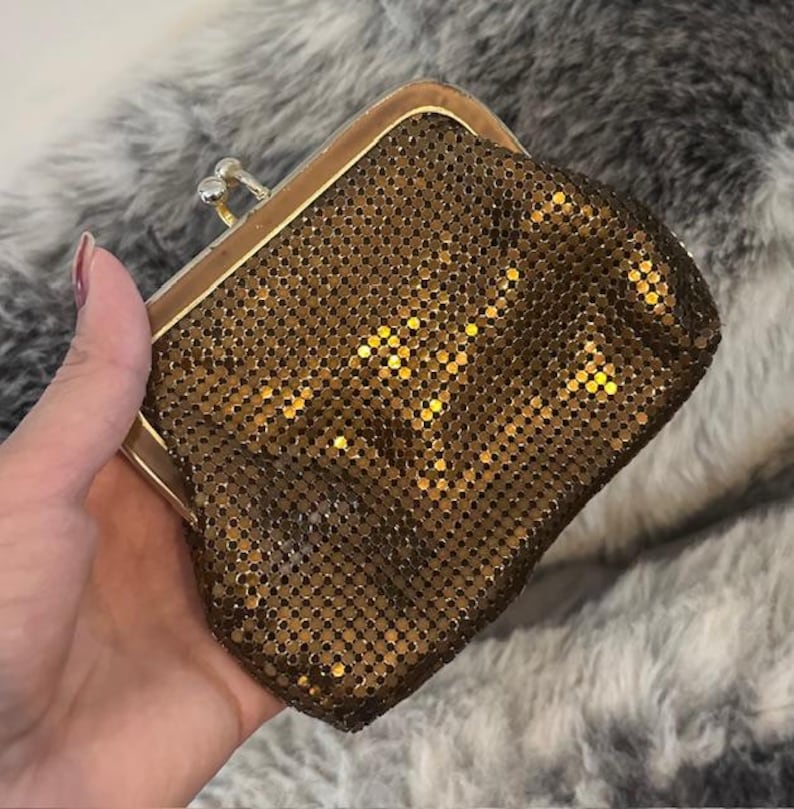Bronze Mesh Coin Purse Vintage Kiss lock Retro Mini Bag Glam Collectible Gift For Women Evening Accessory Small Change Purse Art Deco Style image 4