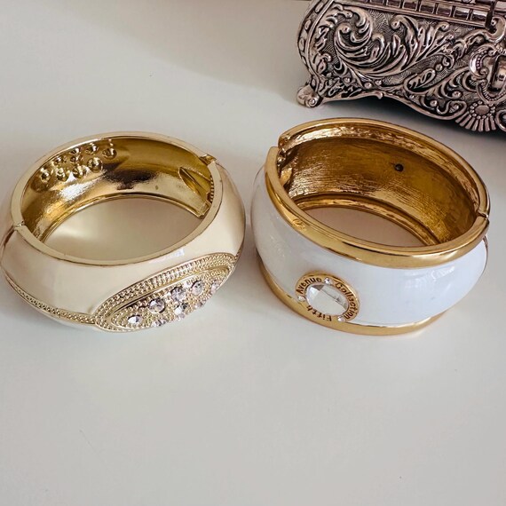 Large Statement Enamel Bangles Oversized Gold Whi… - image 5
