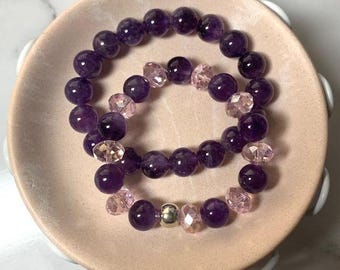Stunning 12mm Amethyst Gemstone bracelets, sparkling faceted crystal beads, purple stretch bracelet set, stylish purple jewelry for her.