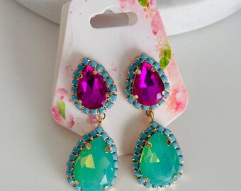 Fuchsia Turquoise Crystal Drop Earrings, Gold Bridal Jewelry