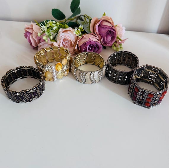 Vintage Statement Cuff Bracelets Set Crystal Meta… - image 5