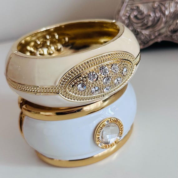 Large Statement Enamel Bangles Oversized Gold Whi… - image 1