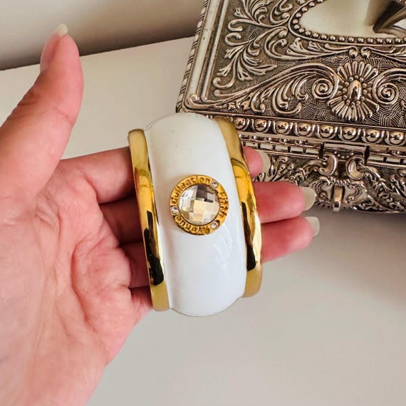 Large Statement Enamel Bangles Oversized Gold Whi… - image 3
