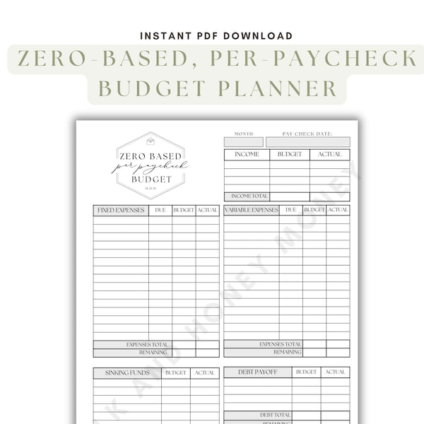 Printable PDF | Zero-Based Paycheck Planning Sheet | Budget Binder | Cash Budgeting | Minimal Aesthetic