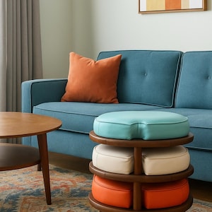 May include: A teal blue sofa with an orange pillow and a wooden side table. A three-tiered wooden stool holds cushions in teal, cream, and orange. A colorful rug and artwork complete the living room scene.