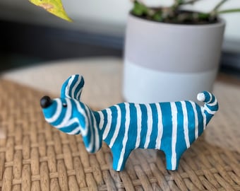 Basset hound, paper mache, stripes, handmade, blue and white, sculpture