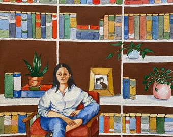 Woman in library, dachshund, portrait, books, reading watercolor