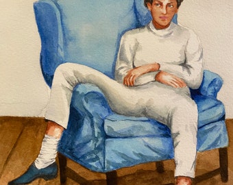 Woman on blue chair watercolor