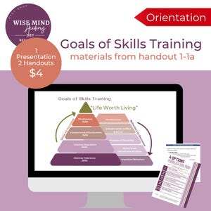 May include: A computer screen displaying a diagram of a pyramid with the title "Goals of Skills Training" and the text "Life Worth Living". The pyramid shows skills to increase and behaviors to decrease. A handout with the title "4 Options Problem Solving" is visible in the lower right corner.