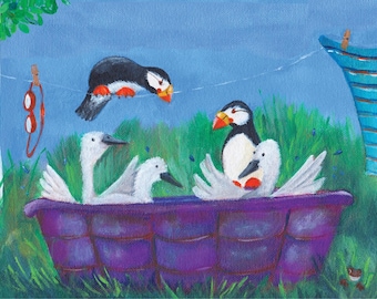 Swans Splash & Puffin Play in the Pool 5x7 Print