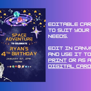 Ruimte verjaardagsuitnodiging, astronaut verjaardagsuitnodiging, uitnodiging voor het feest van de ruimte, ruimte raket verjaardagsuitnodiging, maan verjaardagsuitnodiging