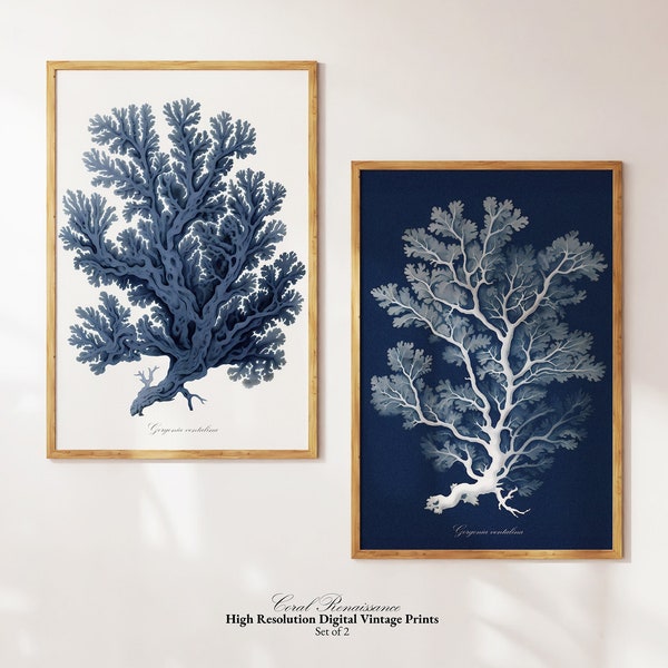 Indigo Coral Art Set of 2, Vintage Ocean Print, Coral Reef Art, Digital Download, Printable Nautical WAll Art, Bar Cart Art, Sea Life Art
