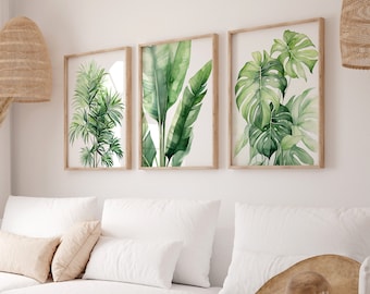 Tropical Leaves Watercolor, Minimalist Decor, Monstera Palm Leaves, Botanical, Set of 3 Prints, Green Monochrome, Beach House Art, Giclée