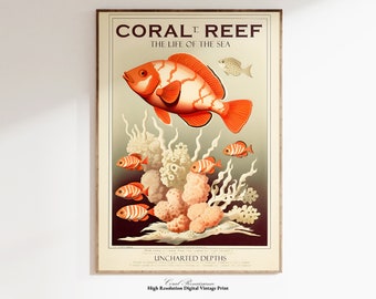 Orange vintage Ocean Print, Printable Coastal Wall Art, Coral Digital Art, Bar Cart Art, Coral Reef Fish Art, Digital Download, Sea Life Art